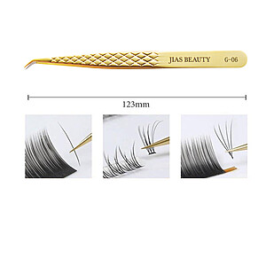 Pensetă JIAS BEAUTY G-06 cu exemple vizuale pentru utilizarea și prinderea extensiilor de gene